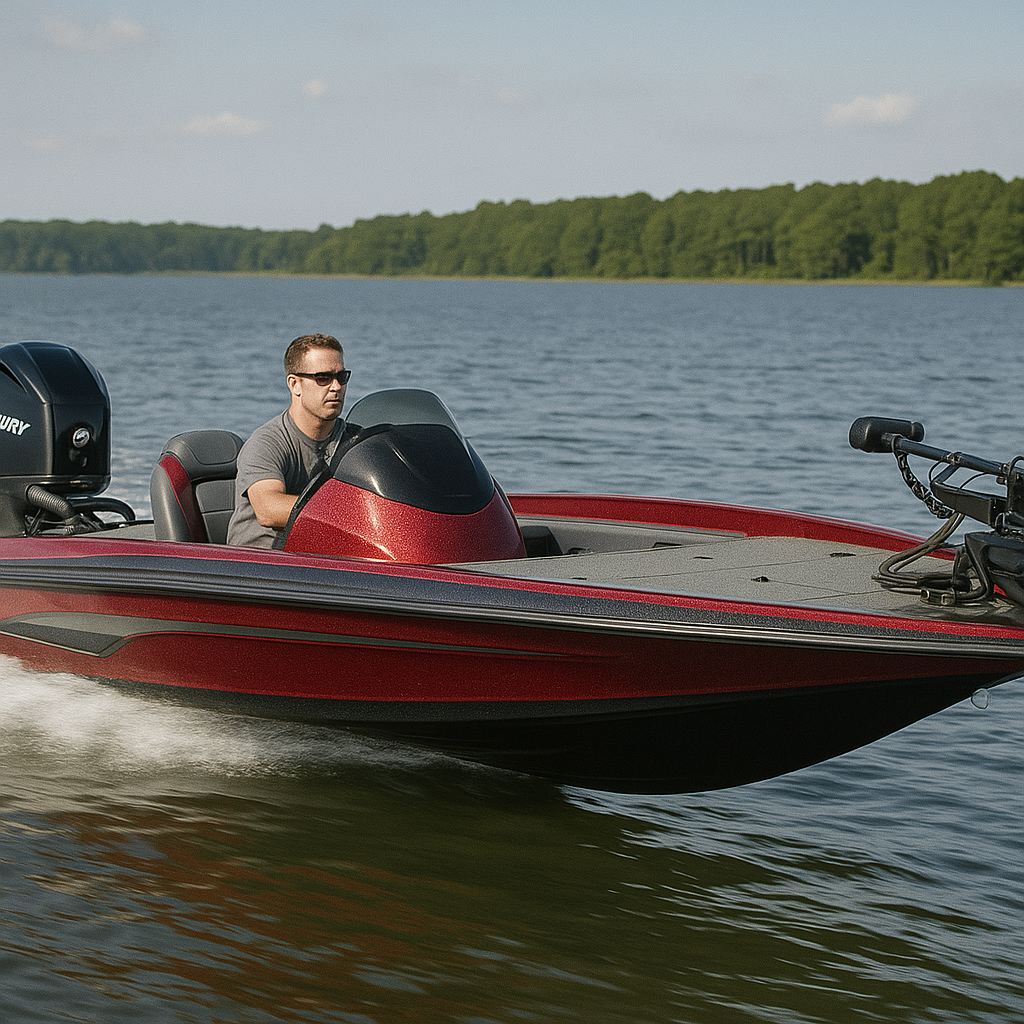 Bass boat with trolling motor and casting decks