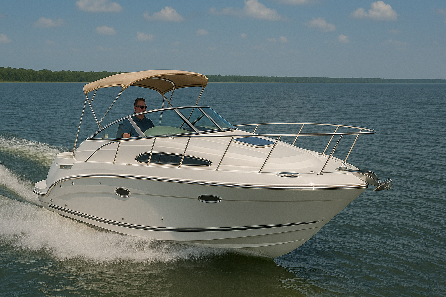 Cabin cruiser at anchor with hardtop