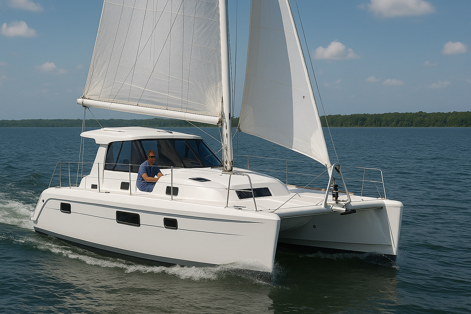 Sailing catamaran with twin hulls underway