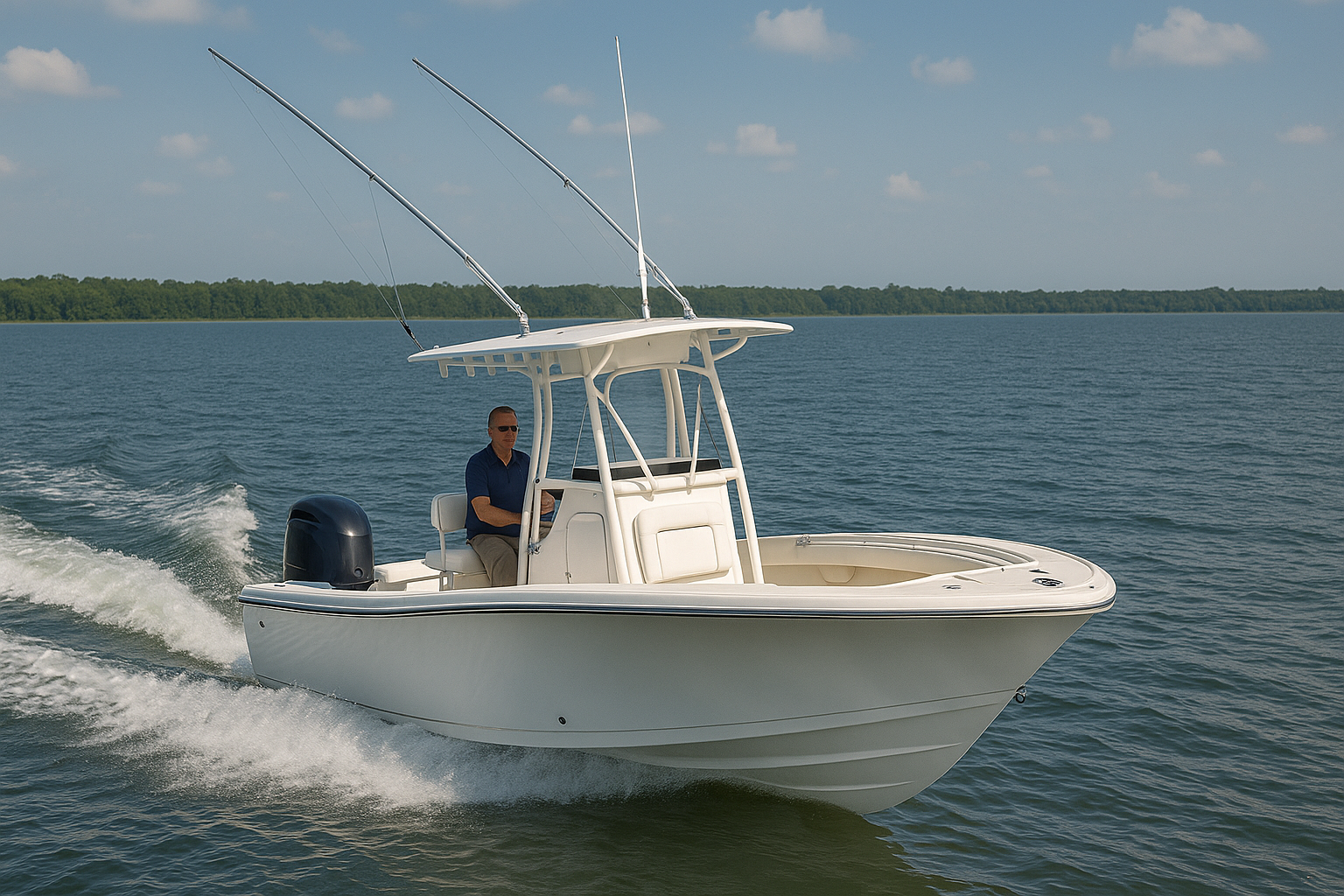 Center console fishing boat with T-top