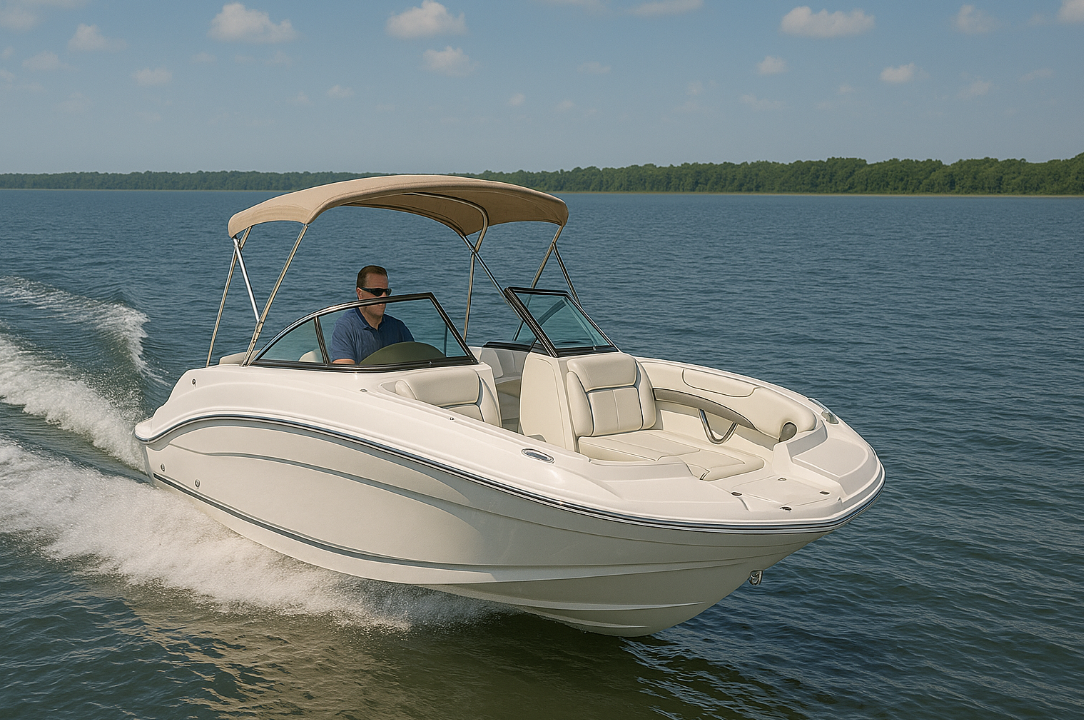 Deck boat with wide bow seating underway