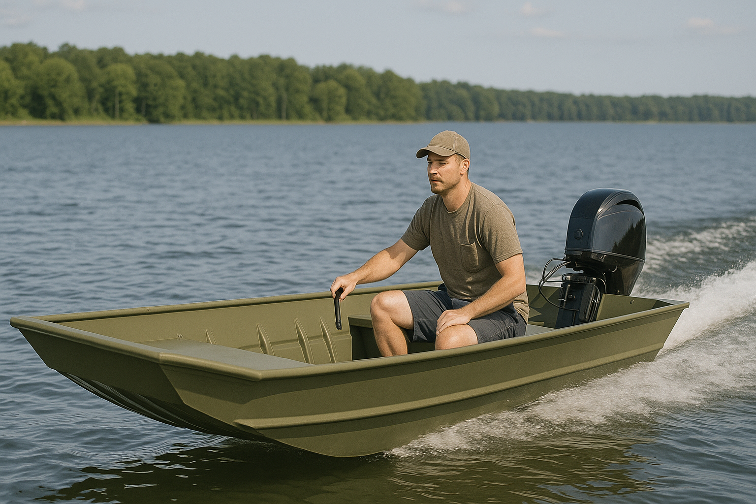 Light aluminum jon boat on a quiet river