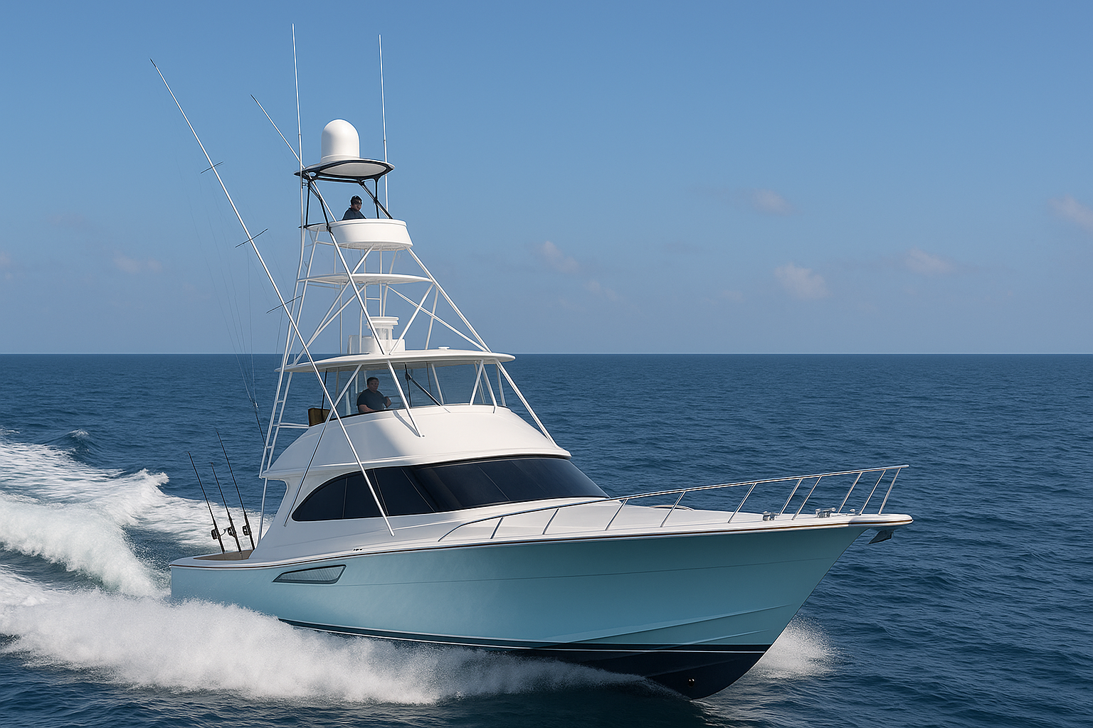 Offshore sportfisher with tower running through chop