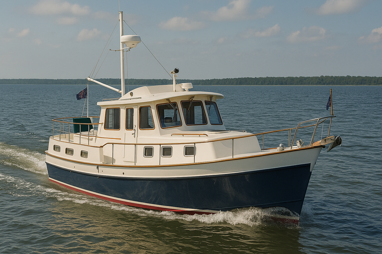 Displacement trawler cruising with flybridge